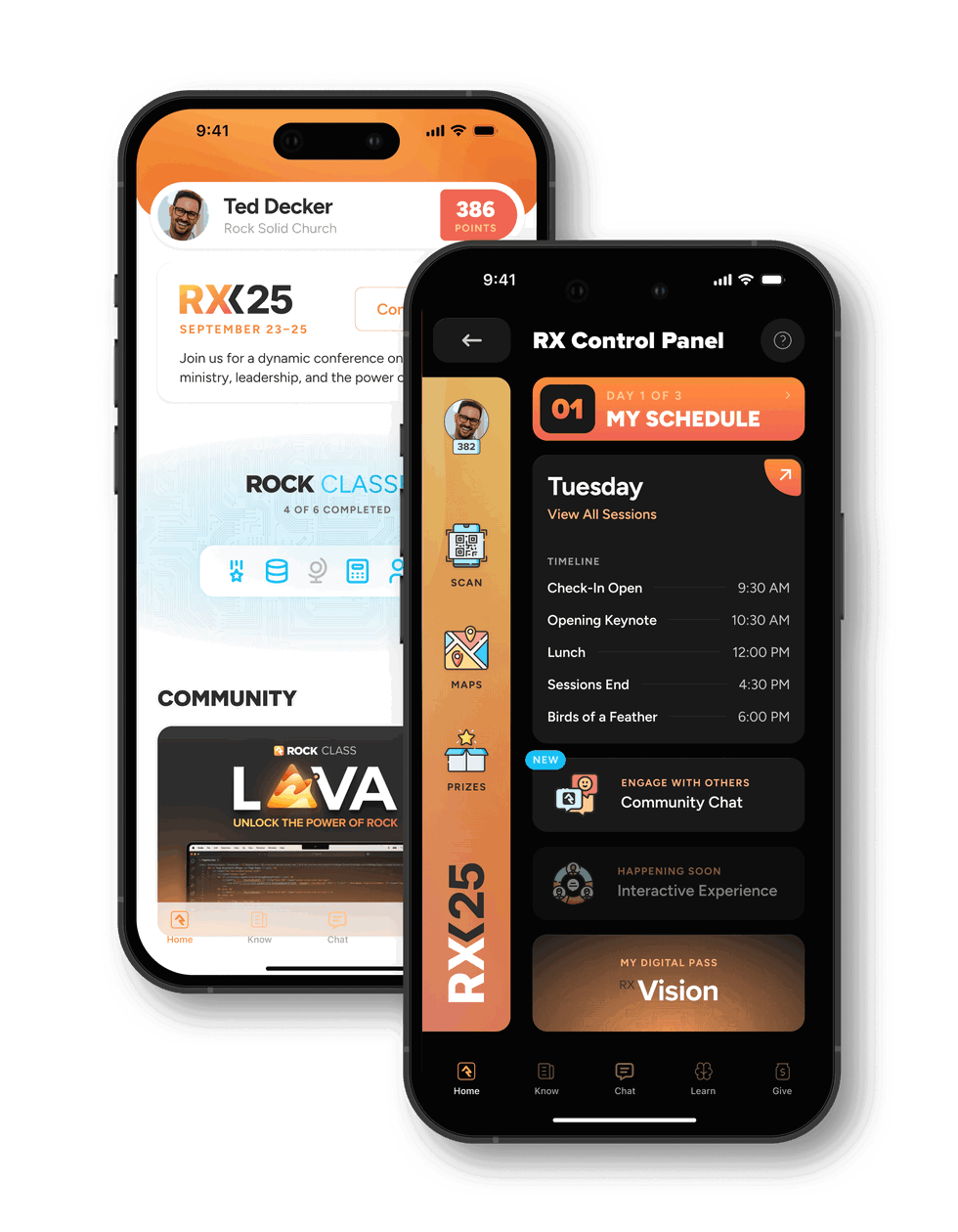 Two phones displaying the Rock Community App
