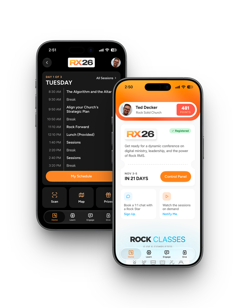 Two phones displaying the Rock Community App