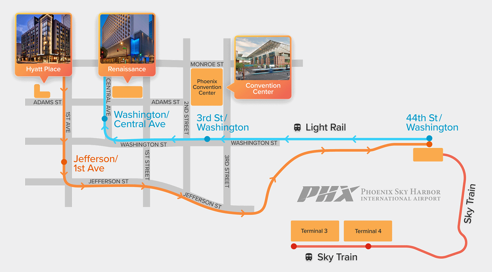 Map of Phoenix from the airport to downtown